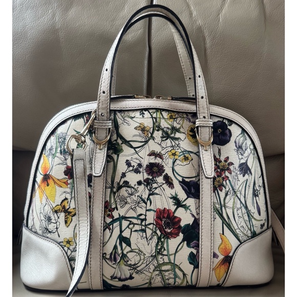 Authentic Gucci Floral Canvas White Leather Dome Satchel Crossbody Bag - Picture 2 of 15